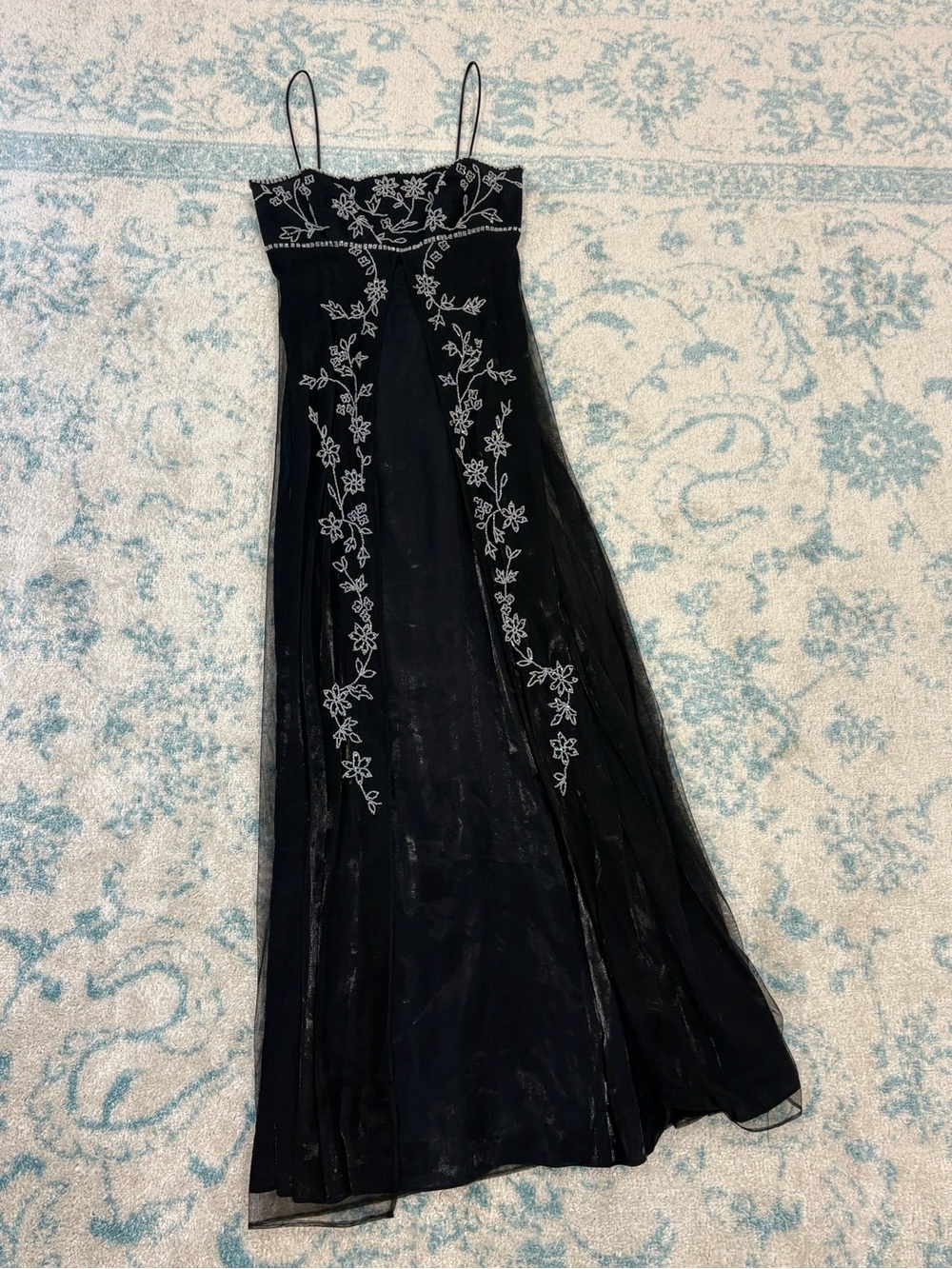 Black Spaghetti-Strap Maxi Dress with White Floral Embroidery